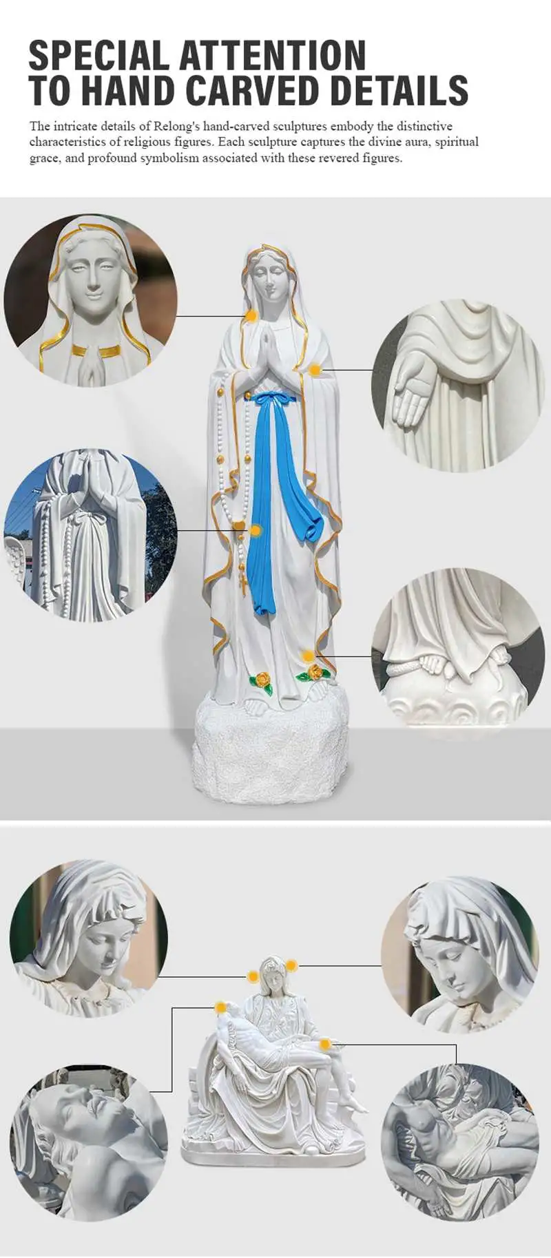 Custom Outdoor Religious Marble Stone Sculptures Hand Carved Classic White Marble St Mary Statue