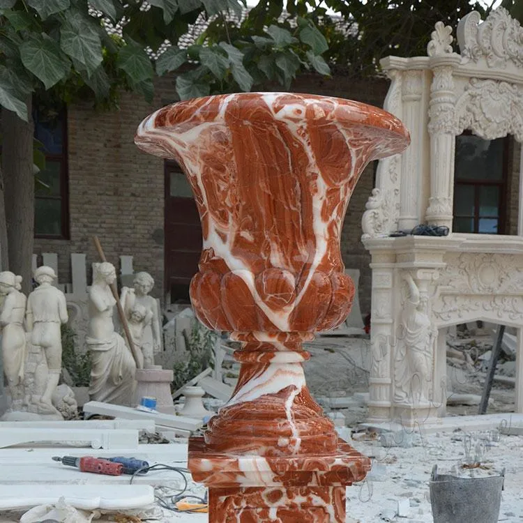 Flowerpot Made with Natural Red Marble with White Patterns