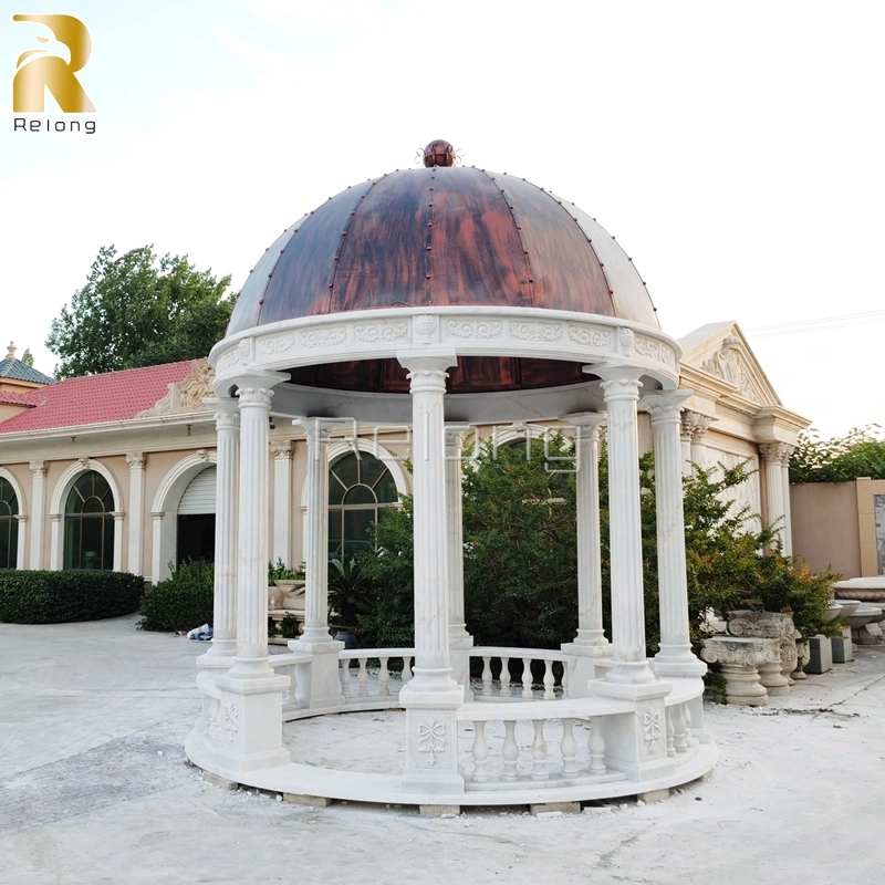 High Quality Natural White Stone Pavilion Outdoor Decoration Hand Carved Marble Garden Gazebo with Iron Dome