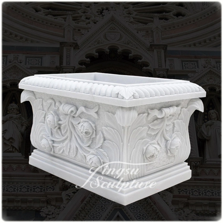 Classical Style Natural Marble Carving Rectangle Flowerpot Stone Sculpture