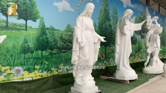 Kundenspezifische religiöse Marmorsteinskulpturen im Freien, handgeschnitzte klassische Marienstatue aus weißem Marmor