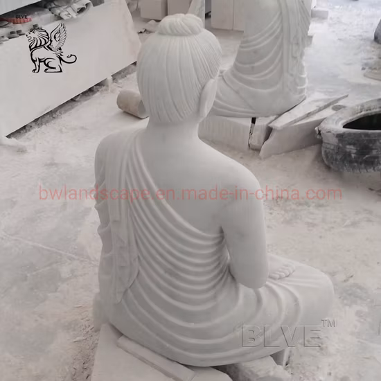 Moderne Garten-Tempel-Dekoration, große Stein-Buddha-Statue, handgeschnitzte, polierte, weiße Marmor-Meditierende Buddha-Skulptur