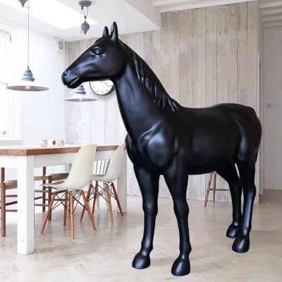 Hofdekoration, Outdoor-Dekoration, lebensgroße Tierstatue aus Kunstharz, Fiberglas, schwarzes Pferd