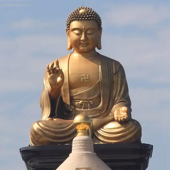 Große Bronze-Buddha-Statue im Freien. Goldene Bronze-Buddha-Skulptur